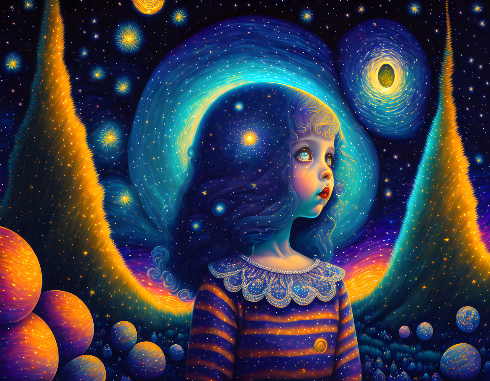 Young girl in cosmic setting with stars, planets, and glowing trees