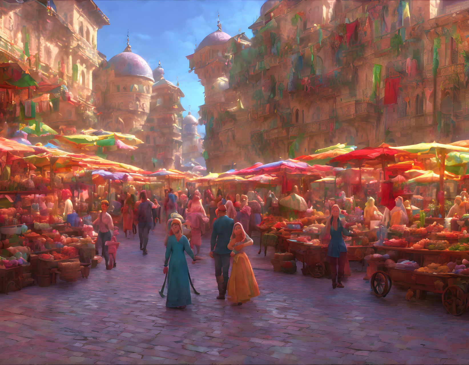 Vibrant market scene with colorful canopies and historical backdrop