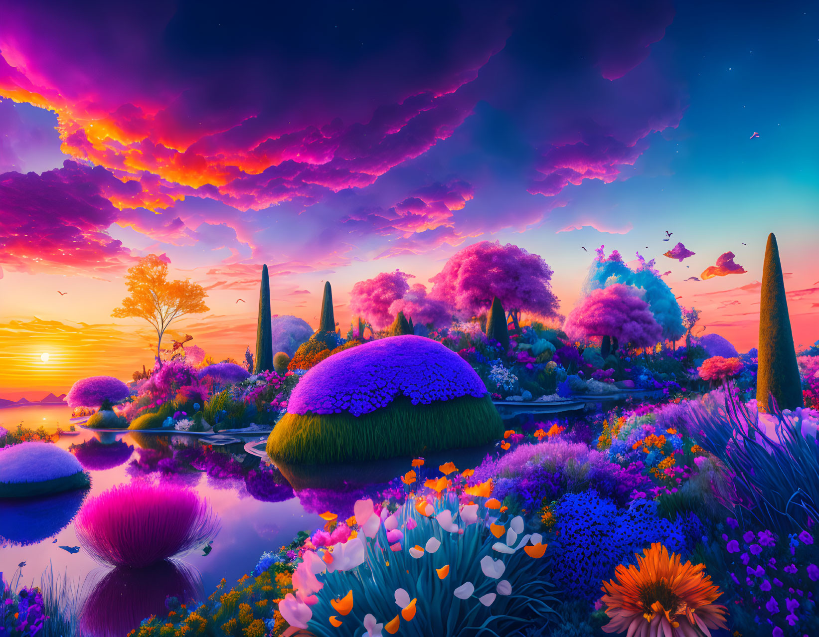 Colorful Fantasy Landscape: Sunset Gardens & Whimsical Topiary