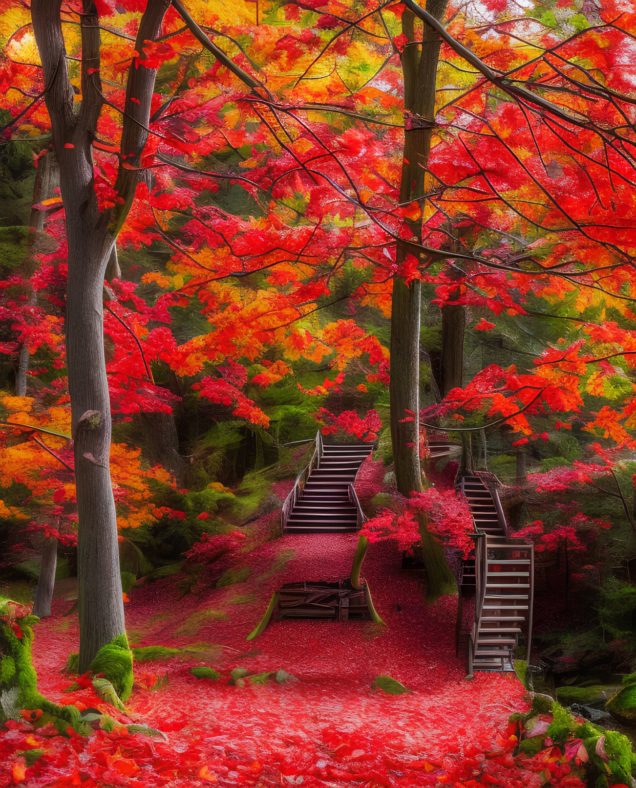 Vibrant autumn forest with meandering stairway and red foliage.