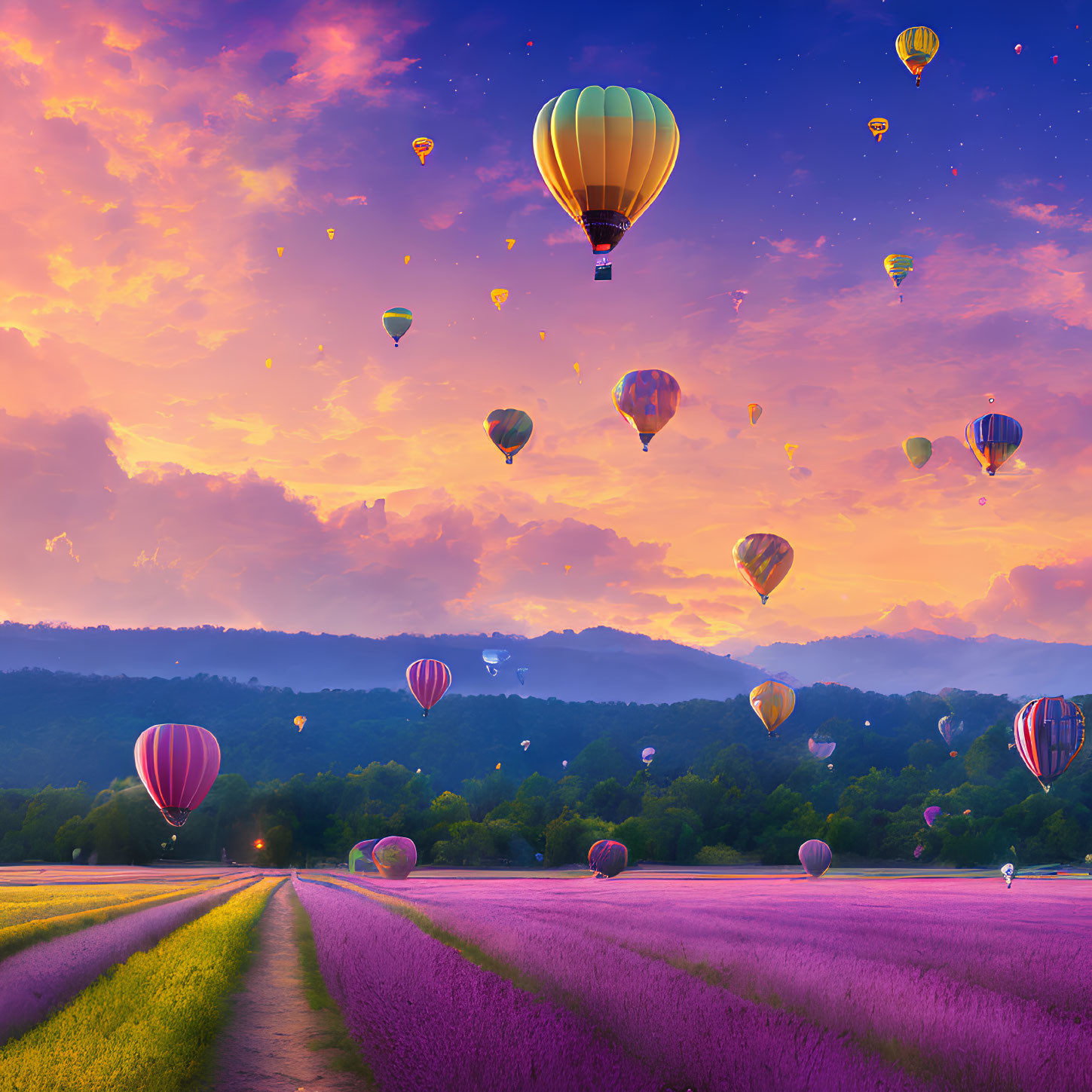 Colorful hot air balloons over lavender field at sunset