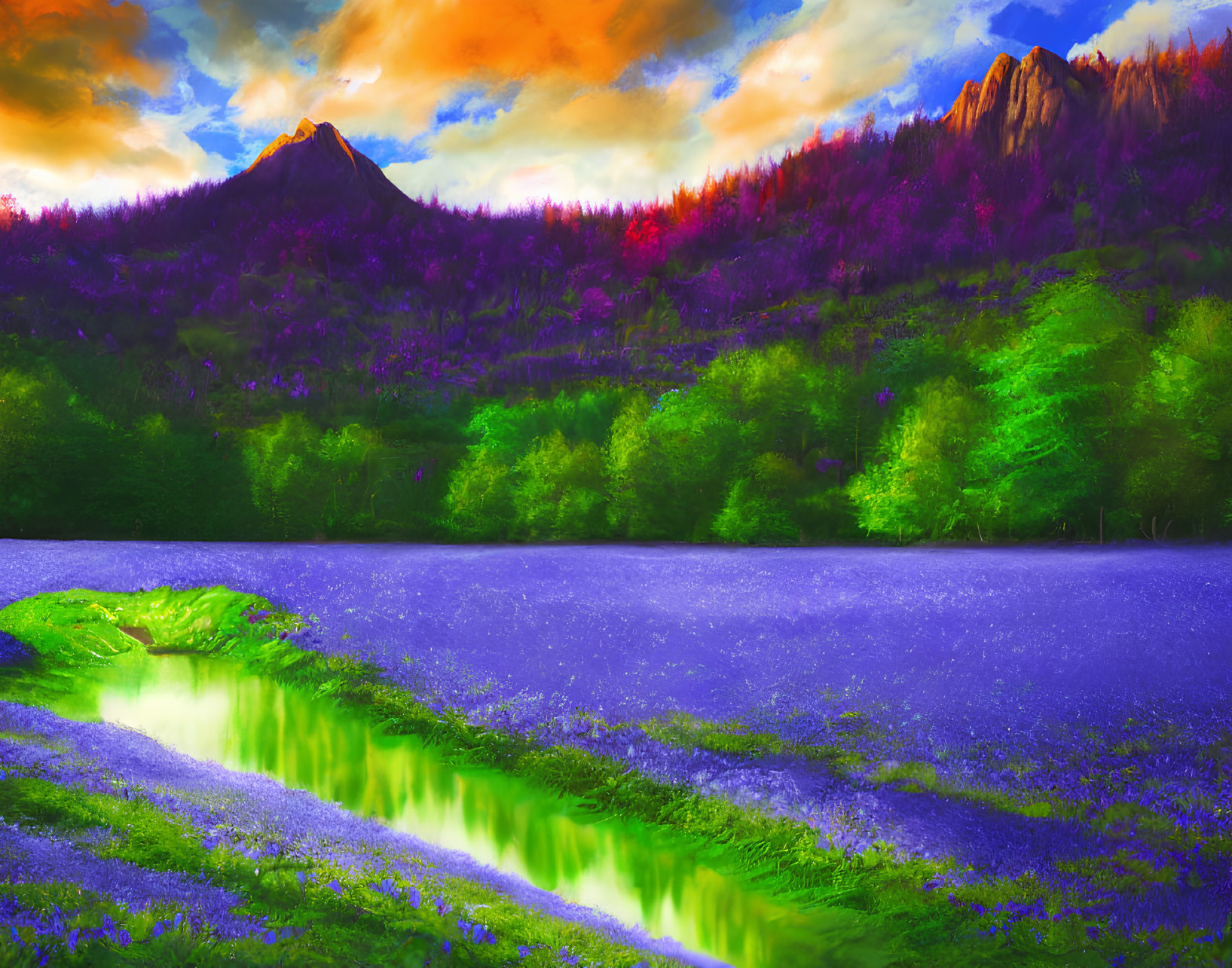 Colorful Dusk Landscape with Purple Fields, Green Trees, and Majestic Mountains