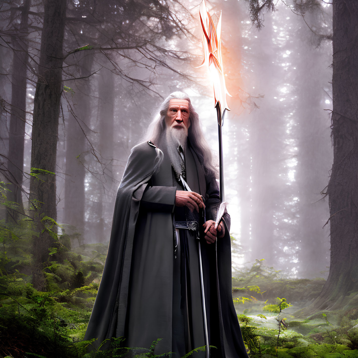 Elderly wizard with white beard in misty forest