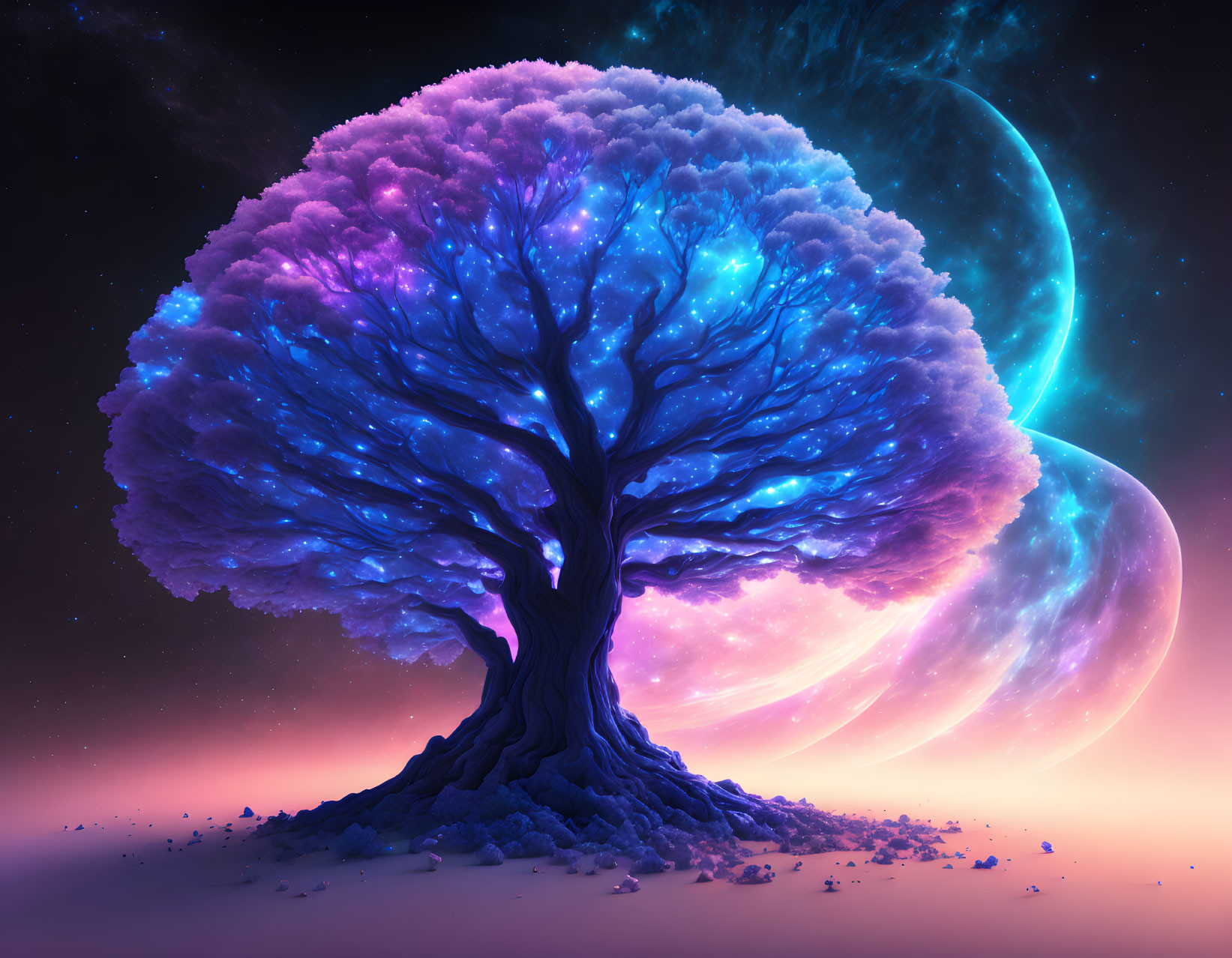 Vibrant tree with blue and purple canopy under cosmic sky