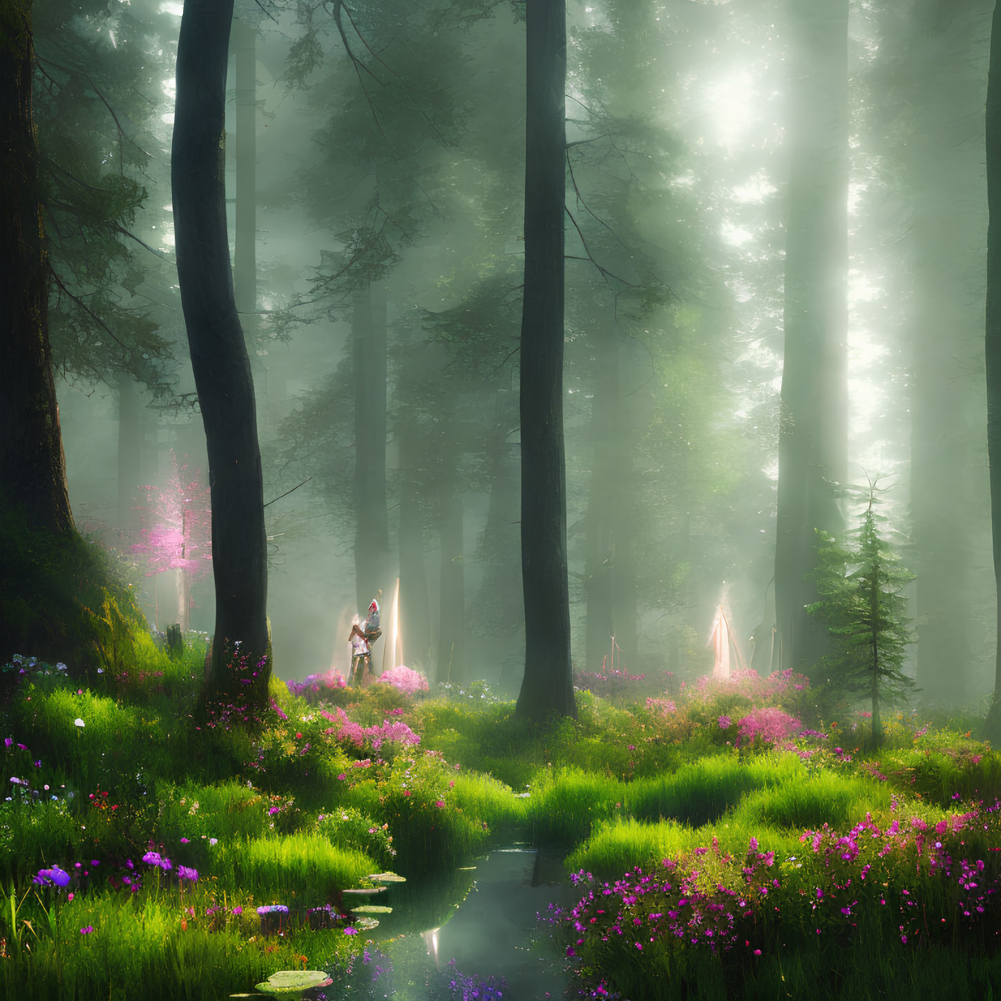 Enchanting forest scene with mystical beings and vibrant greenery