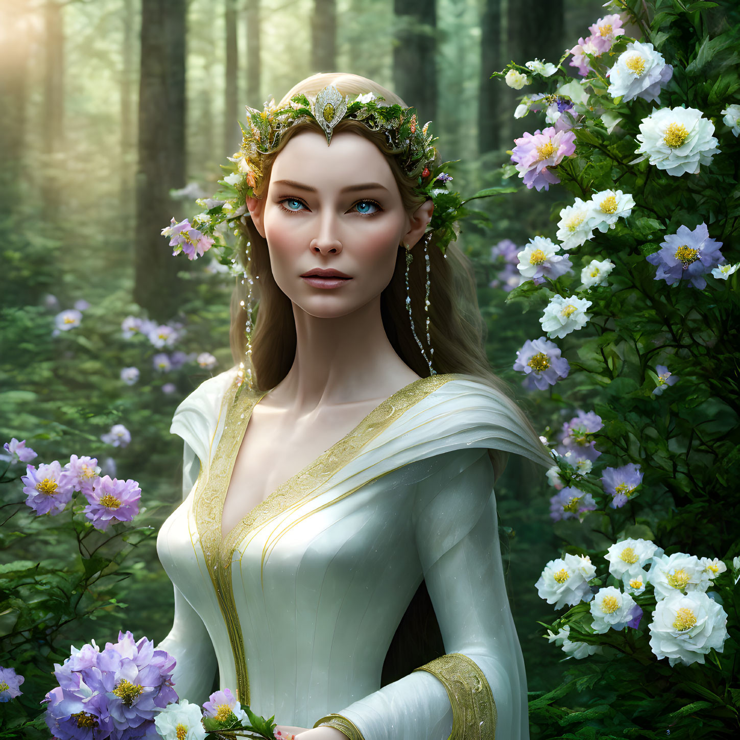 Elven woman with blue eyes in golden crown and white dress in blooming forest