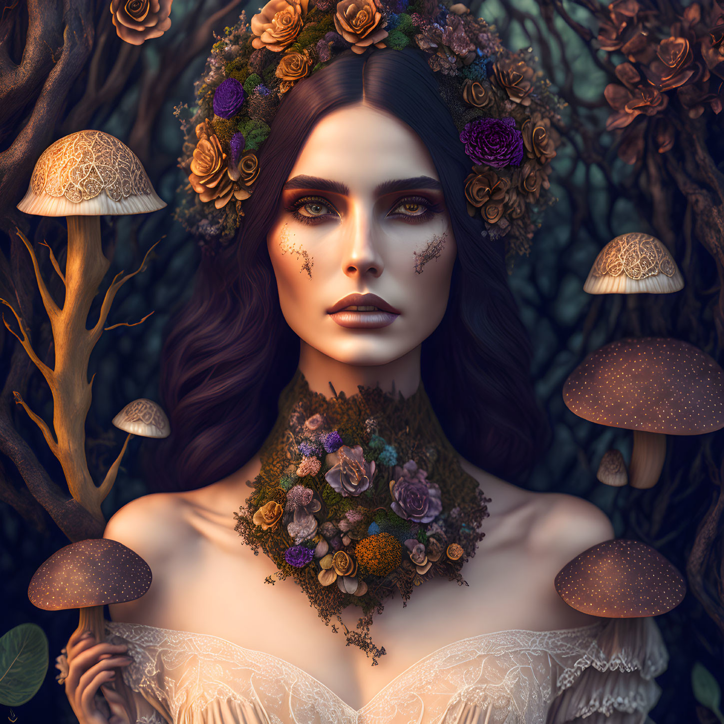 Woman with Flower Crown and Mushroom Makeup in Enchanted Woodland