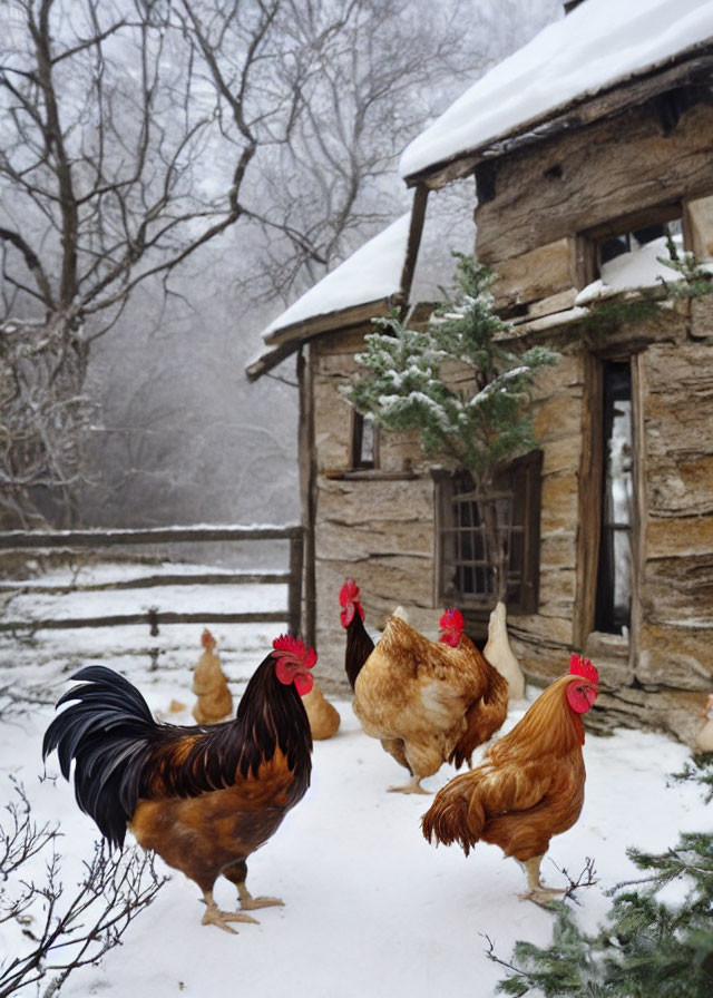 Rooster and Chickens in Snow by Old Stone Cabin