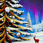 Snowy Winter Scene: Pine Trees, Deer, Starry Sky, Santa Claus