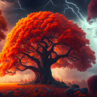 Vibrant orange tree in red landscape with lightning strike