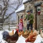 Rooster and Chickens in Snow by Old Stone Cabin