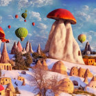 Fantasy Landscape: Mushroom Houses, Snowy Hills, Colorful Balloons