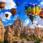 Vibrant hot air balloons over rainbow landscape