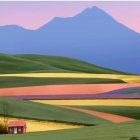 Vibrant minimalist landscape with rolling hills and purple hut