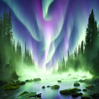 Misty forest and rocky stream under vivid aurora borealis