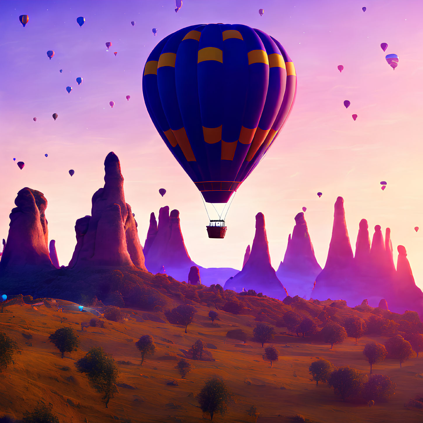 Colorful hot air balloon in scenic sunset landscape with rock formations.