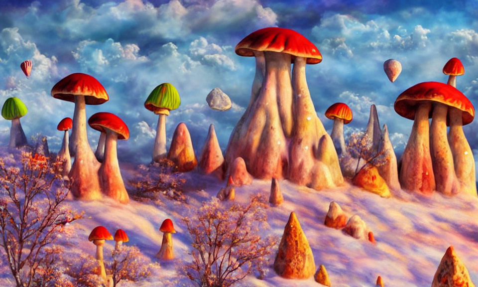 Colorful Oversized Mushrooms in Fantastical Snowy Landscape