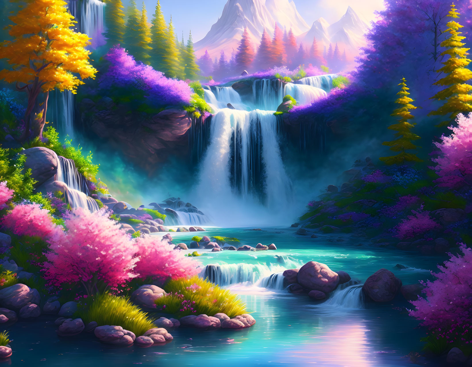 Scenic landscape with waterfall, colorful trees, river, mountains