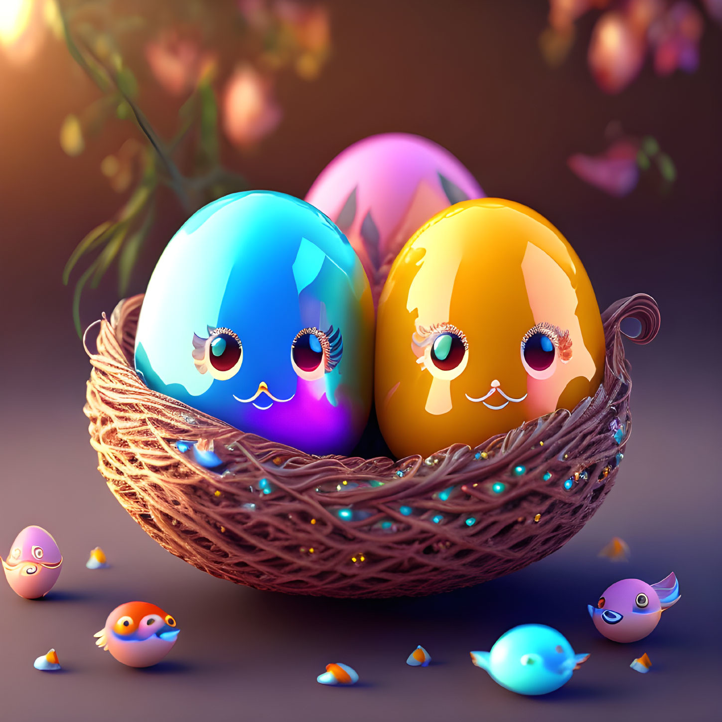 Vibrant Easter eggs with cute faces in nest among animated chicks