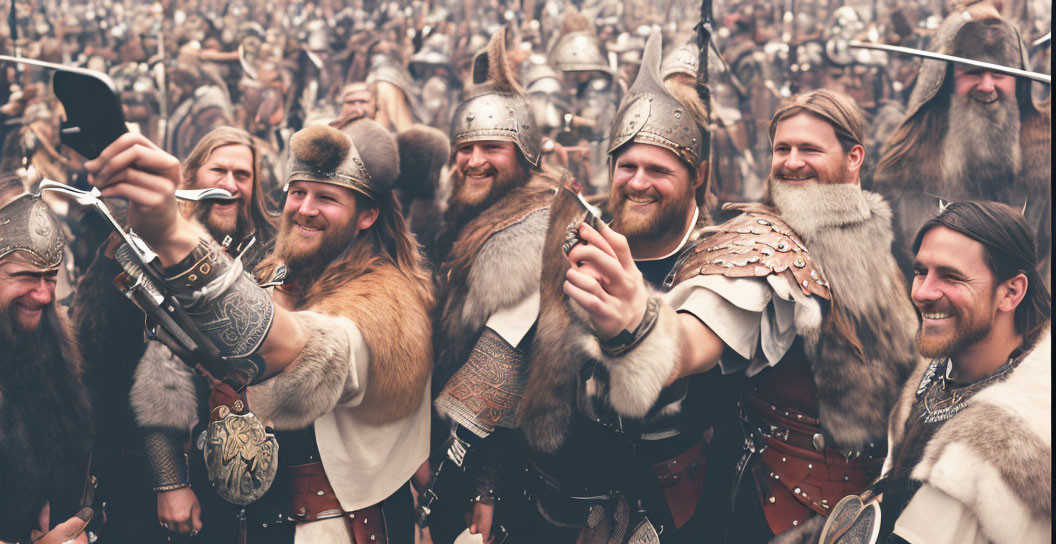 Group of Smiling Vikings in Helmets Taking Selfie