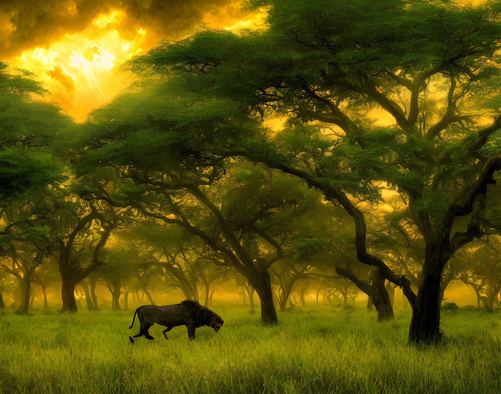 Majestic lion in serene savannah at golden sunset