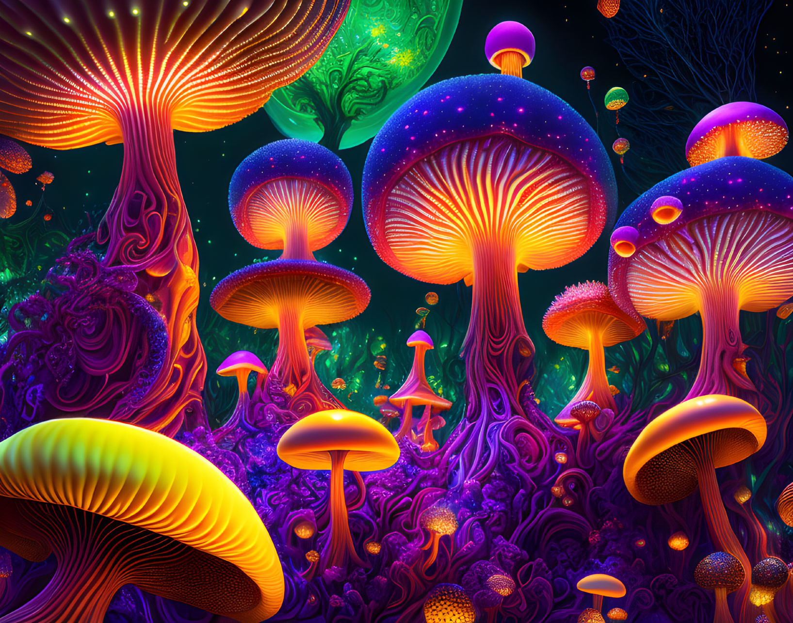 Neon-lit fantasy mushroom forest with glowing backdrop