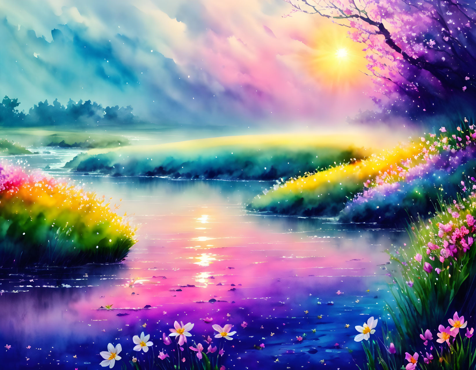 Colorful Sunset Landscape: River, Mist, Flowers