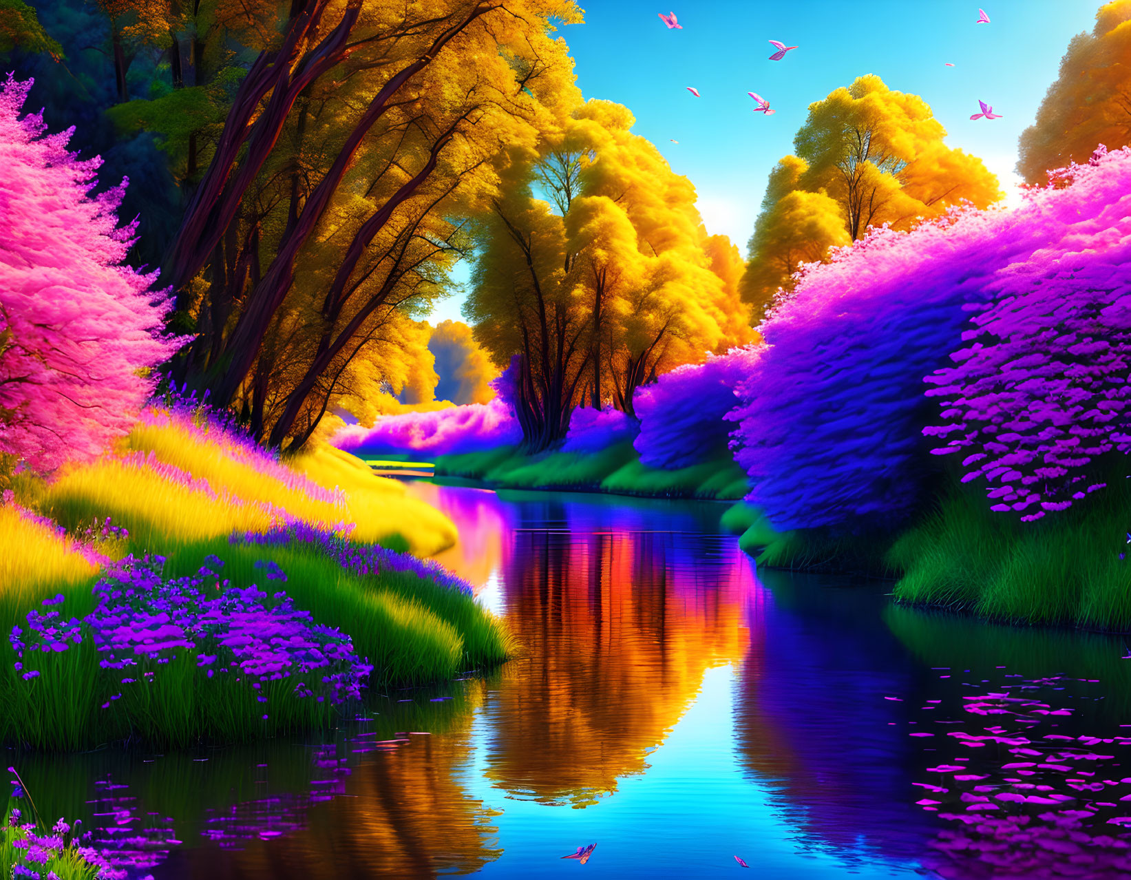 Colorful River Scene with Reflecting Foliage and Birds under Blue Sky