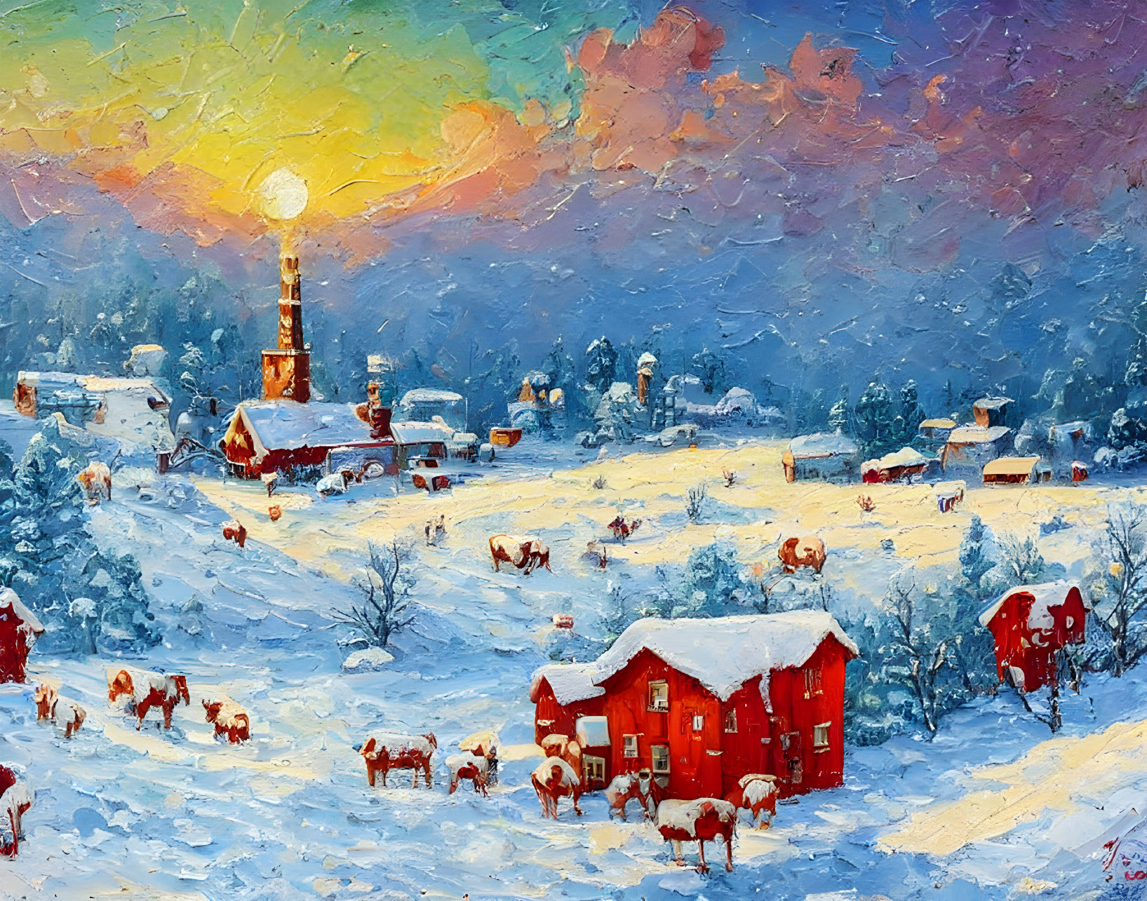 Snowy village at sunset: Red-roofed houses, church steeple, cows in oil