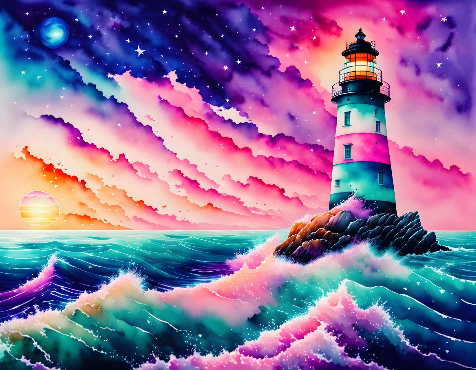 Colorful digital artwork: Lighthouse on rocky outcrop with crashing waves and celestial sky