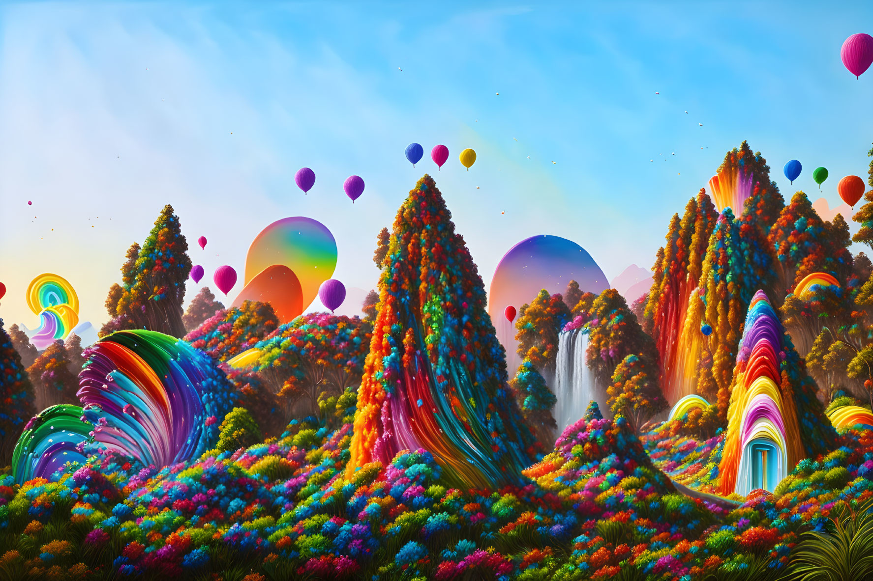 Colorful surreal landscape with twisted hills, balloons, waterfalls, and rainbows