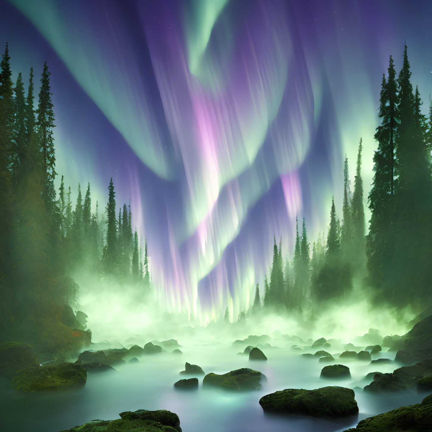 Misty forest and rocky stream under vivid aurora borealis