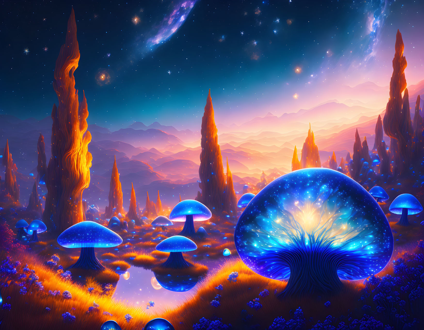 Fantasy landscape digital art with glowing mushrooms and starry night sky