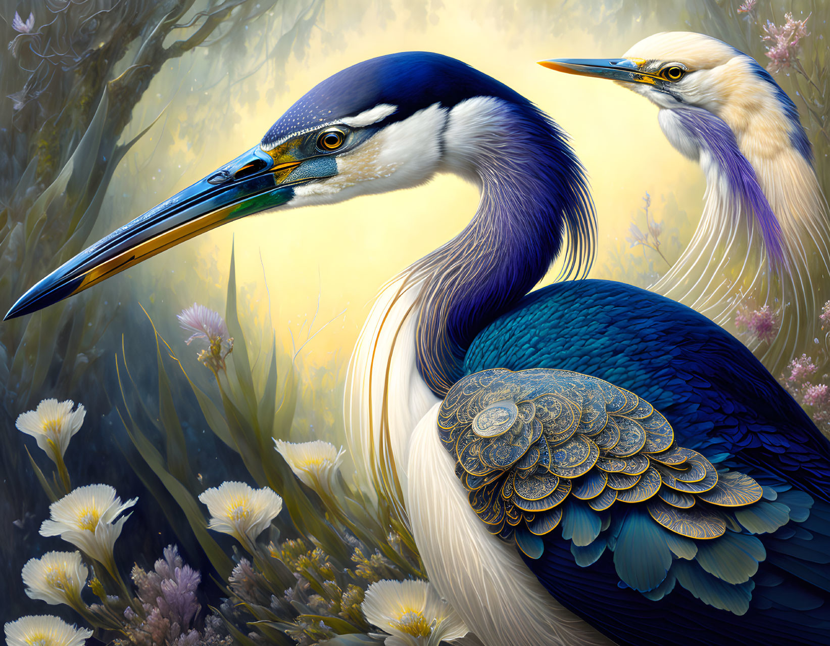 Detailed Herons in White Flowers with Feather Details on Golden Background