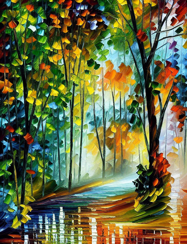 Colorful Autumn Forest Painting with Reflective Water Body