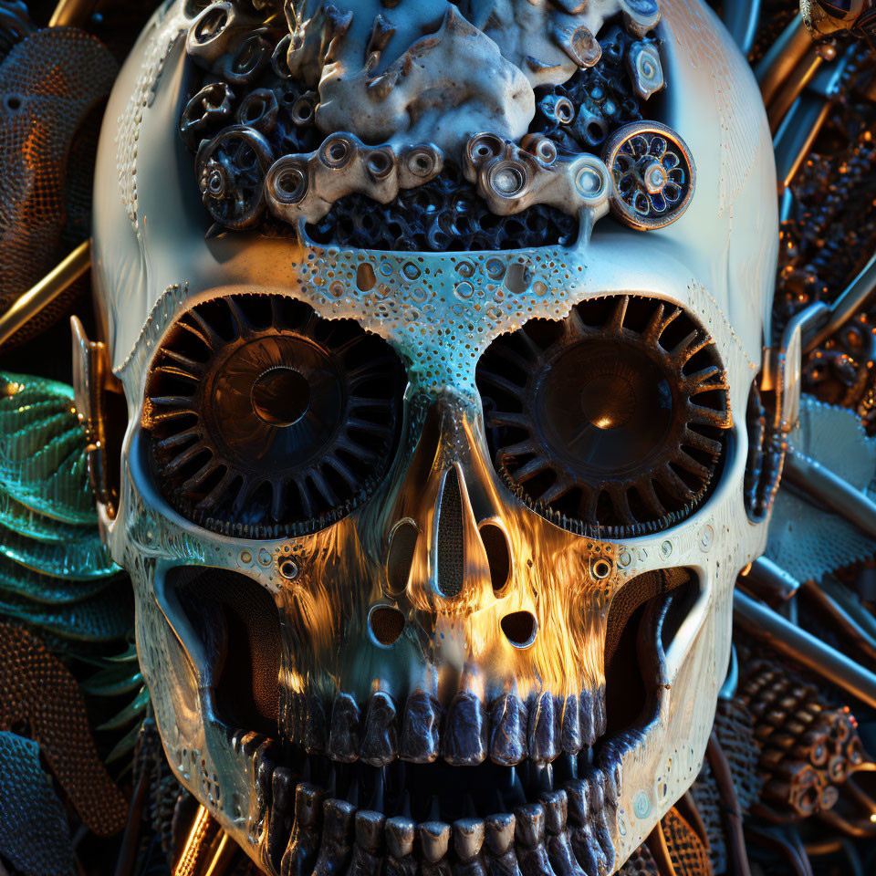 Detailed Close-Up of Blue and Bronze Mechanical Skull with Gears