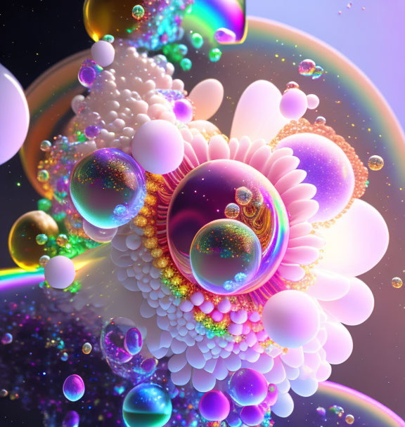 Colorful Digital Art: Glossy Iridescent Bubbles on Cosmic Background