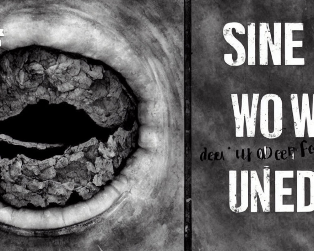 Cracked surface texture with mouth and obscured text for mysterious concept