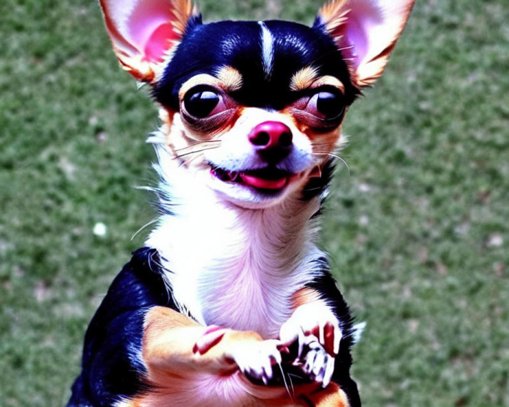 Smiling Chihuahua with Large Ears and Black Tan Fur