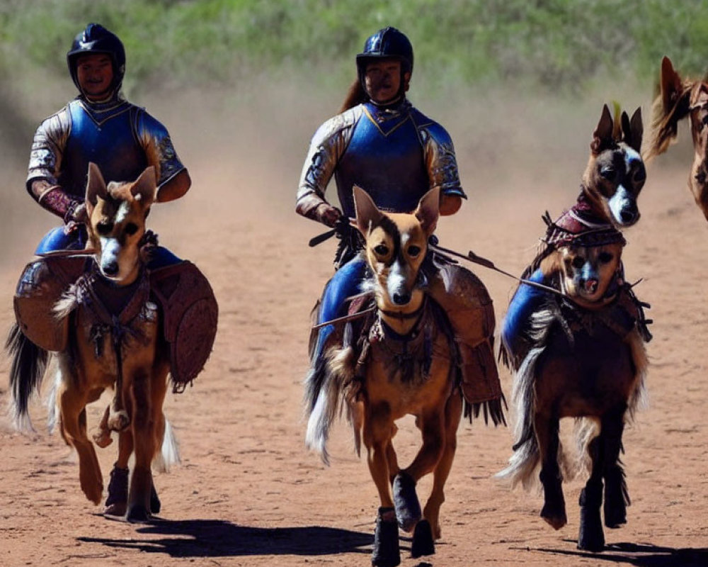 Miniature horses with dog riders in matching armor for playful performance