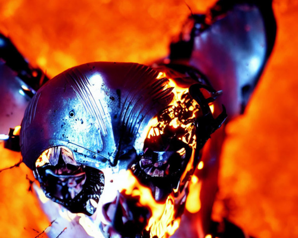 Metallic Skull with Glowing Eyes in Fire: Sinister Robotic Vibe