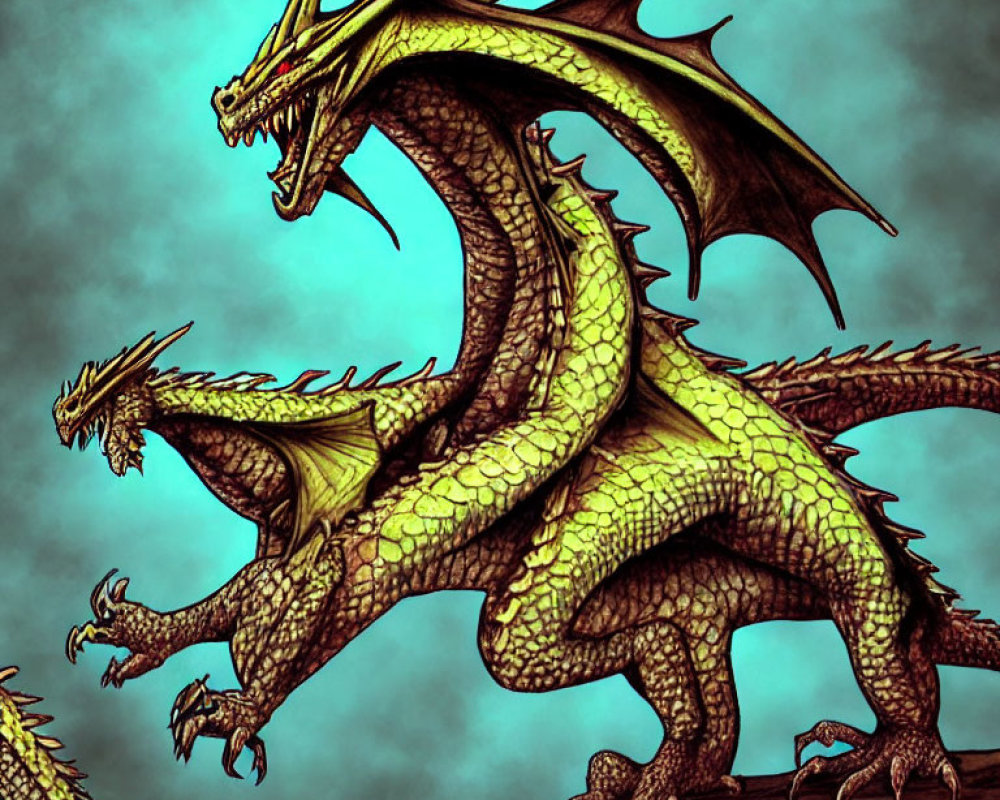 Green Two-Headed Dragon with Large Wings and Sharp Claws on Pale Blue Background