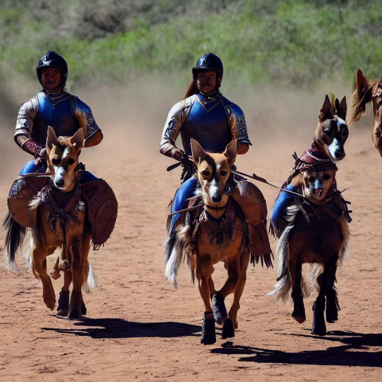 Miniature horses with dog riders in matching armor for playful performance