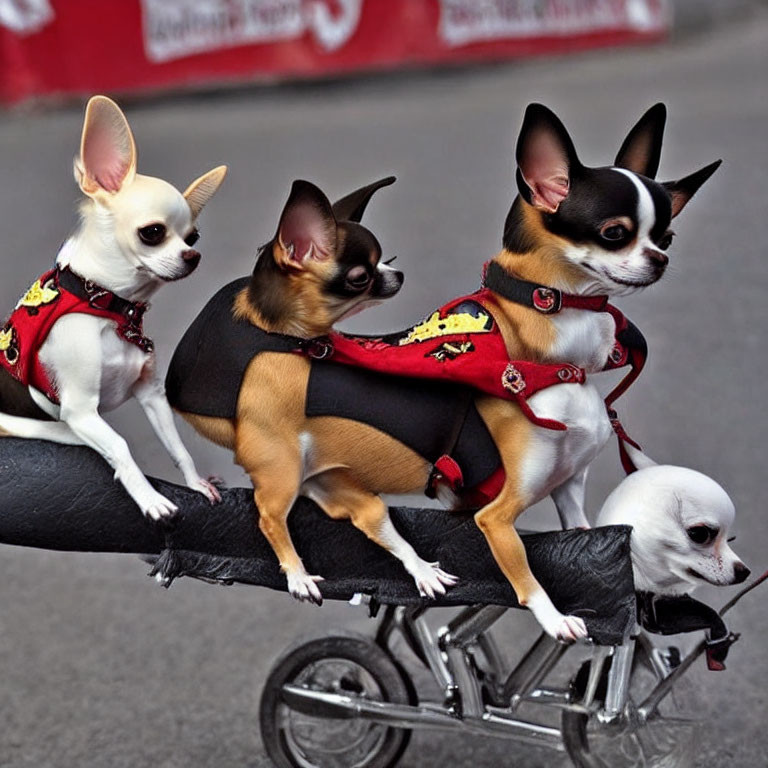 Four Chihuahuas in superhero costumes on miniature float at parade