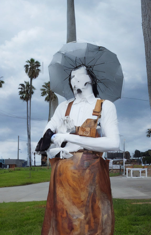 White-faced figure statue with umbrella and apron against cloudy sky and palm trees