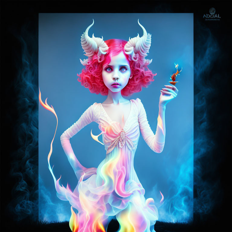 Surreal illustration of red-haired girl with horns in white dress amidst blue and orange flames holding blue