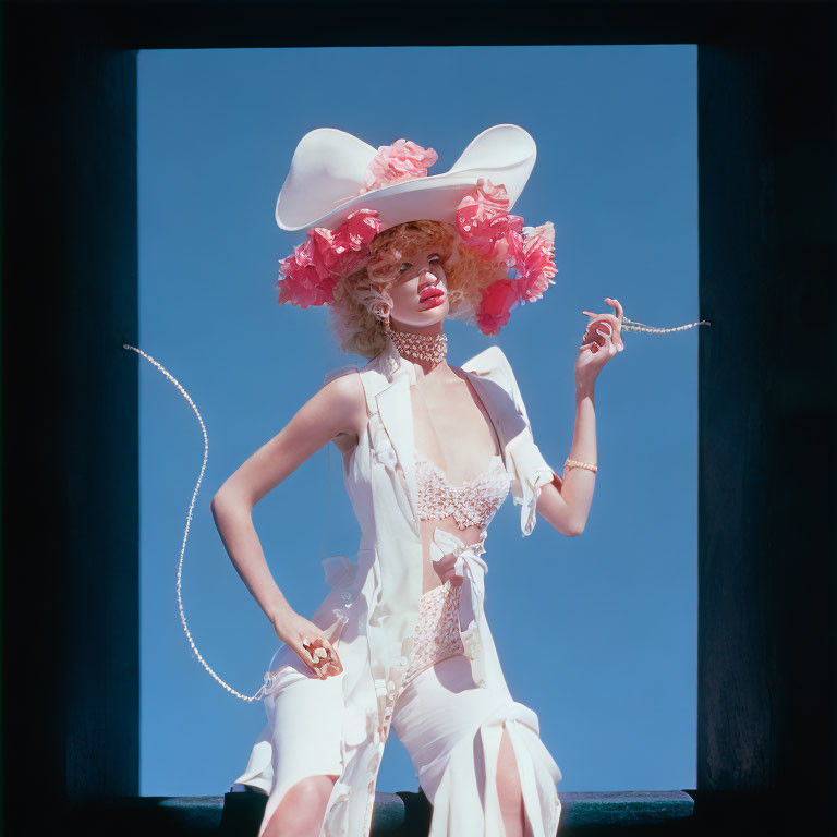 Fashionable person in white outfit with wide-brimmed hat and pink flowers poses confidently on blue backdrop