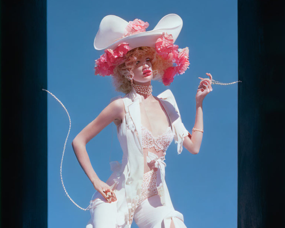 Fashionable person in white outfit with wide-brimmed hat and pink flowers poses confidently on blue backdrop