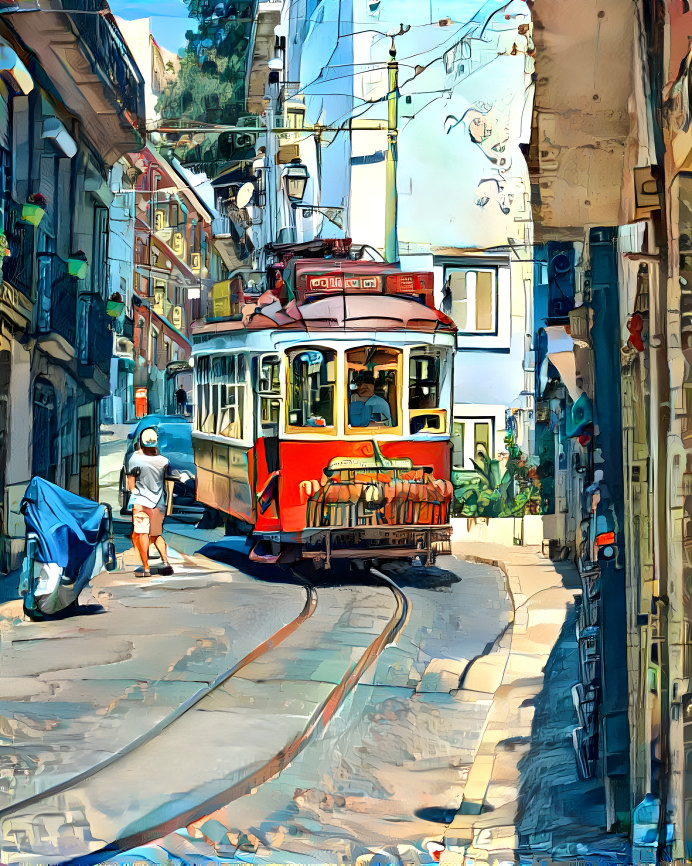 Harmonious colours of a tram in a old street