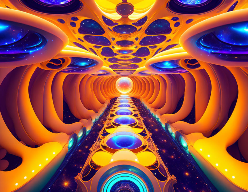 Futuristic symmetrical tunnel with glowing orbs and warm-colored arches